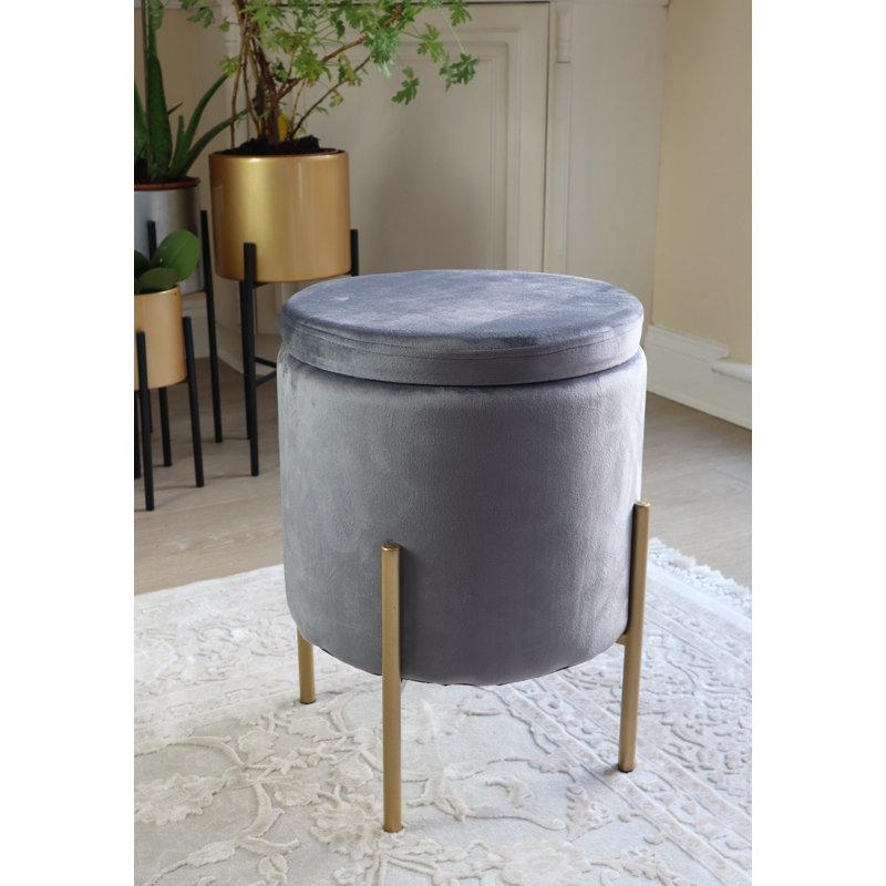 Callum-Lee 37cm Wide Velvet Round Solid Colour Standard Ottoman with Storage, Dark Grey, Gold