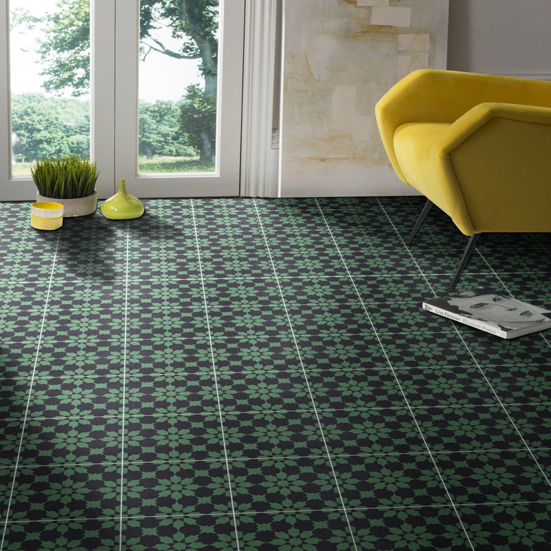 Ahfir 8" x 8" Cement Singular Wall & Floor Tile, Green/Black