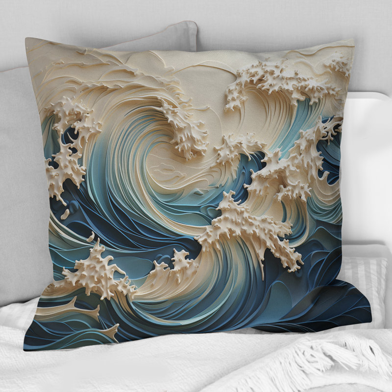 Coussin blanc et bleu à motif de vagues de style Papercut III