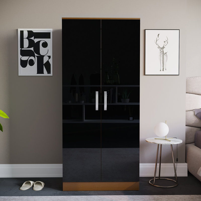 Arkadij 2 Door High Gloss Manufactured Wood Wardrobe With Internal Shelf and Hanging Rail, Black/Walnut