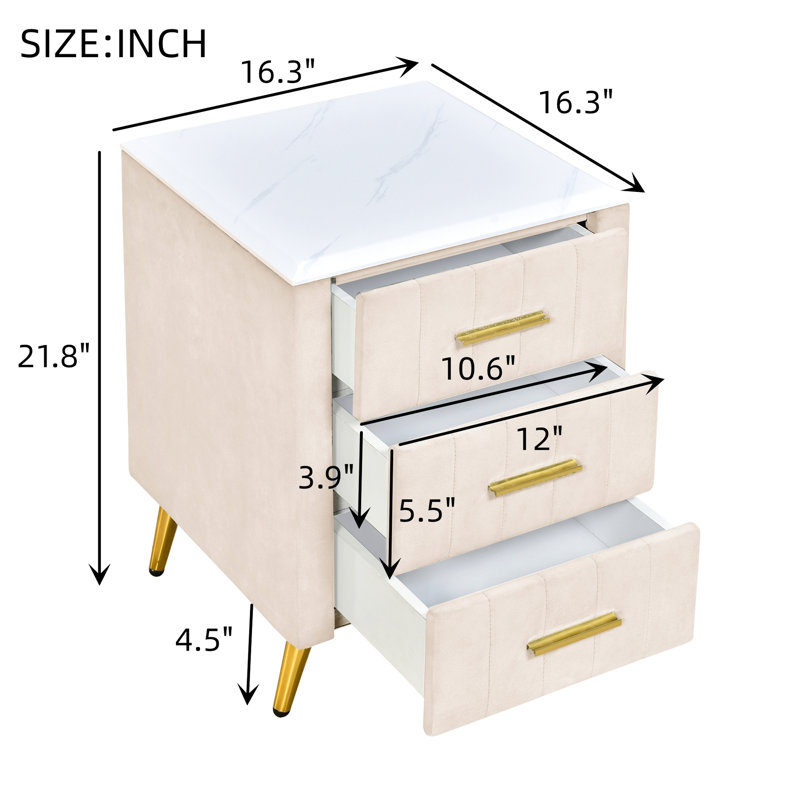 Beige Upholstered Nightstand With 3 Drawer Organization 3 Bedside Table Metal Legs - Flair, Beige