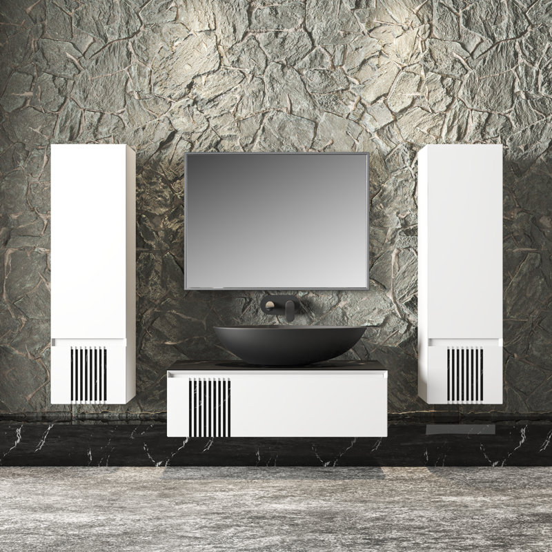 Manhattan White Matte Wall-Mount Vanity with Black Marble Washbasin