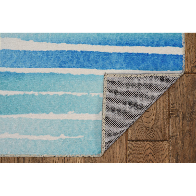 Madelyn Washable Ivory and Blue Machine Woven Area Rug, Rectangle 5' x 7'