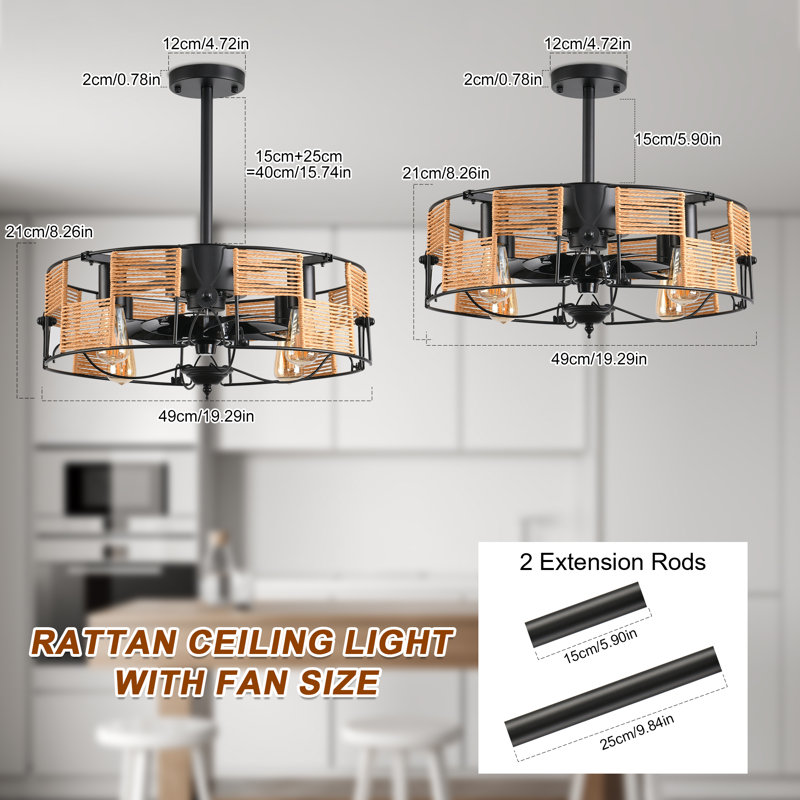 Gejza 19.29" Black Farmhouse Caged Chandelier Ceiling Fan with Light Kit and Remote