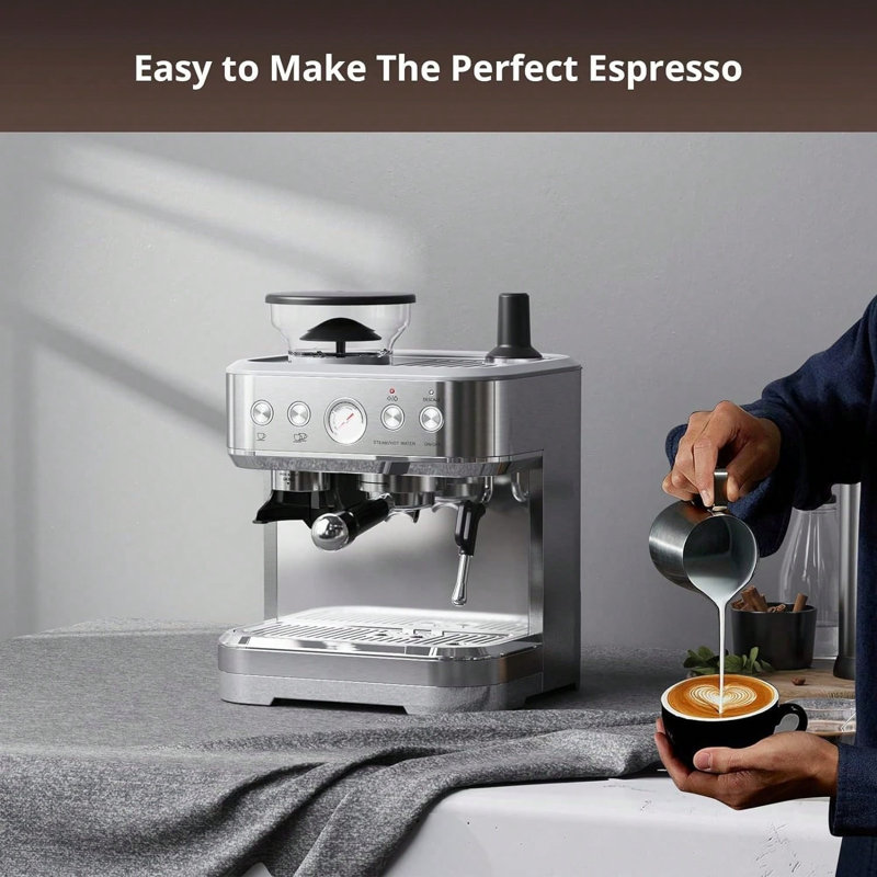 Coffee Machine With Milk Frother ALL-In-One Espresso Machine With Grinder Latte Cappuccino 15 Bar Italian Pump 2.3 L Water Tank Bean To Cup Coffee Machines Stainless Steel