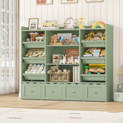 55"W x 48"H Multi-Functional Kids Organizer: 4-Drawer Toy Storage & Bookshelf with 6 Removable Bins