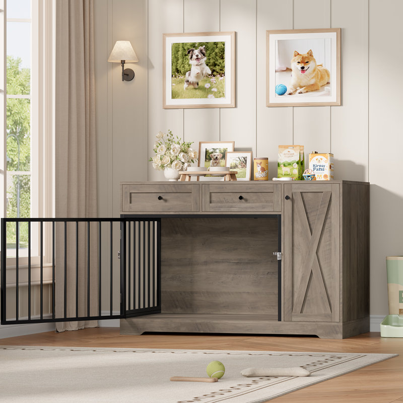 Console pour chenil pour chien de 47,2 po Ansel | Caisse en bois avec 2 tiroirs de rangement et armoire, Brun rustique