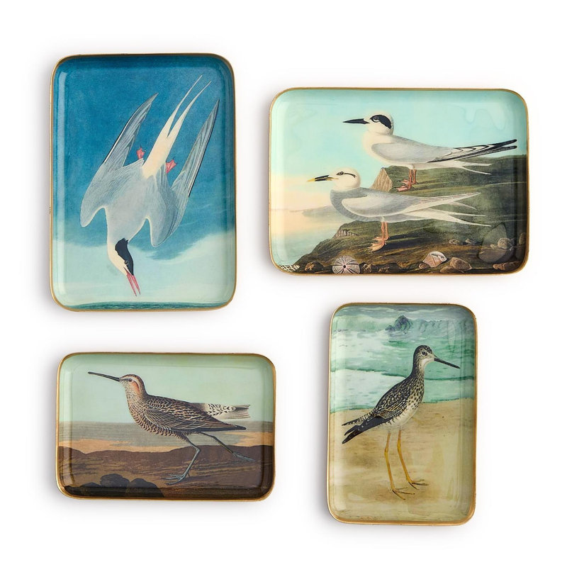 Ensemble de 4 plateaux de bureau et à bijoux en métal « Oiseaux de mer » – Collection décorative en fer et émail d'inspiration côtière