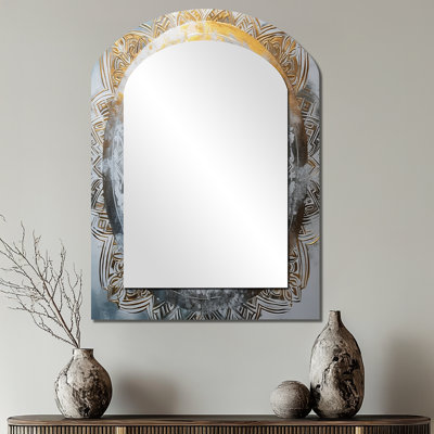 Miroir arqué blanc et doré Mandala VII - Boho Mandala, miroir mural asymétrique blanc unique, impression d'art en métal