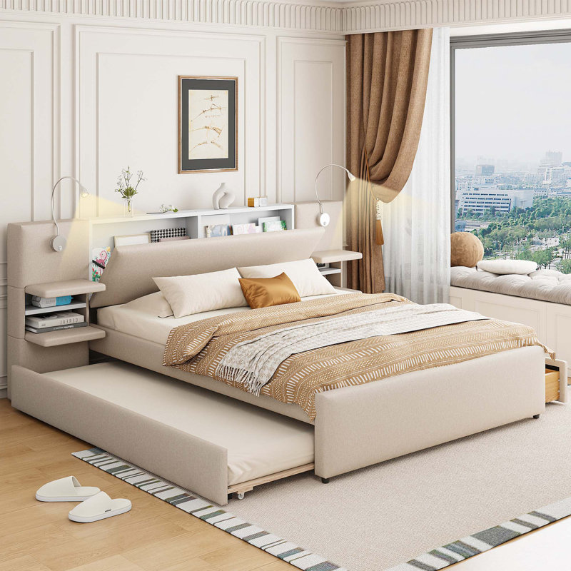 Lit plateforme tapissier avec lampes de lecture, tiroirs, lit gigogne et tablettes, Beige