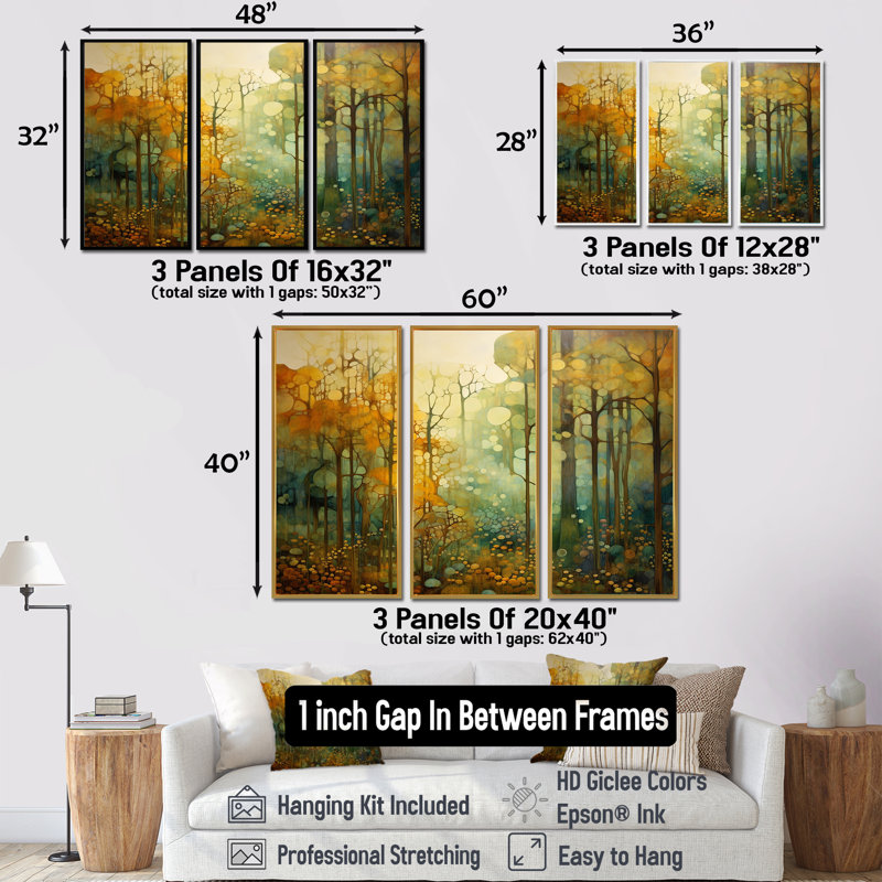 Collage rétro bois d'automne - ensemble d'art mural forêt, Cadre flottant doré, H 40 po x l 60 po x P 1 po