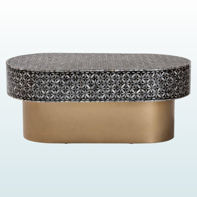 Layne Mother Of Pearl Capiz Shell Oval Coffee Table With Geometric Pedestal Base
