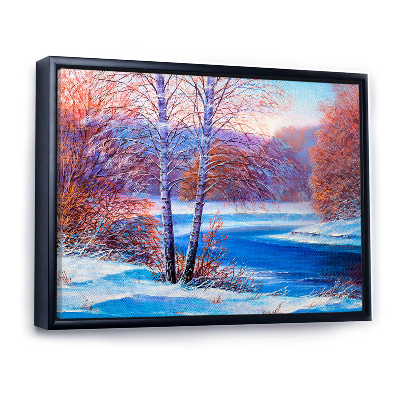 «River In Sunset Winter Forest II», reproduction sur toile flottante, H 16 po x l 32 po x P 1 po, Cadre flottant noir