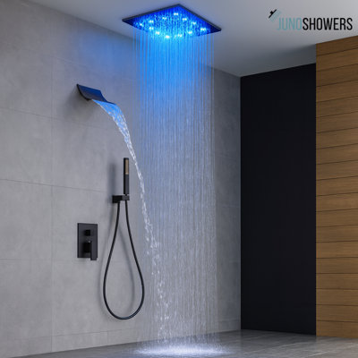 Système de douche chromé de 18 pouces avec valve thermostatique et douchette, fixation murale