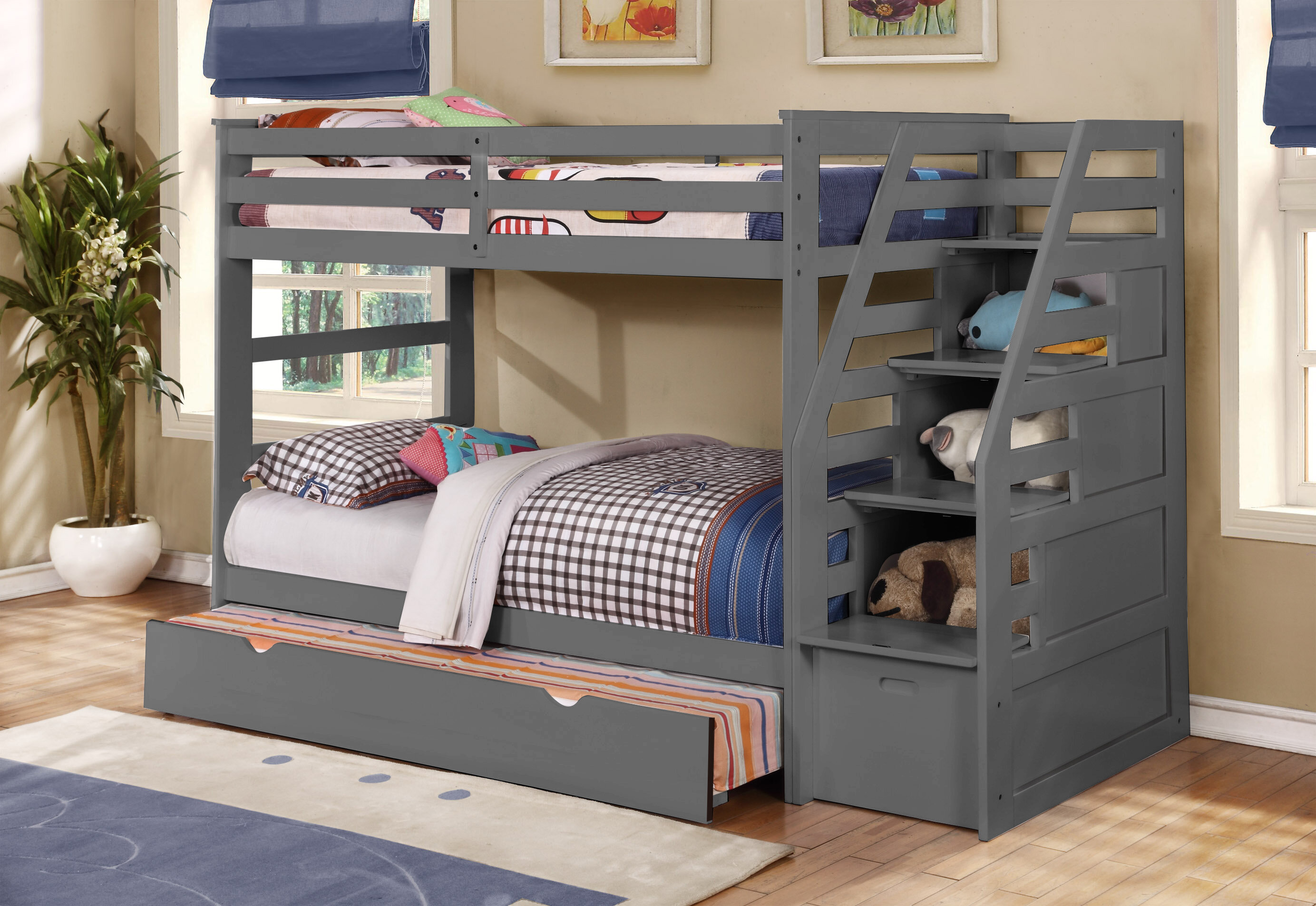 Harriet Bee Badagliacca Twin Over Twin Solid Wood Bunk Bed with Trundle ...