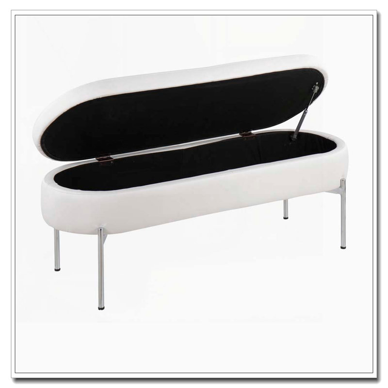 Banc de rangement contemporain avec métal chromé et similicuir blanc, Blanc
