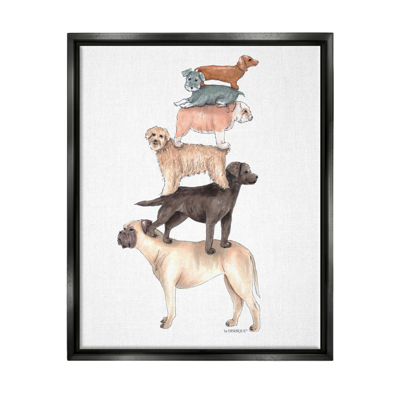 «Mixed Stacked Dog Breeds debout équilibrant» par vaisselle - reproduction de cadre flottant sur toile