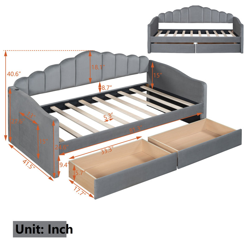 Twin Size Daybed with Drawers, Gray