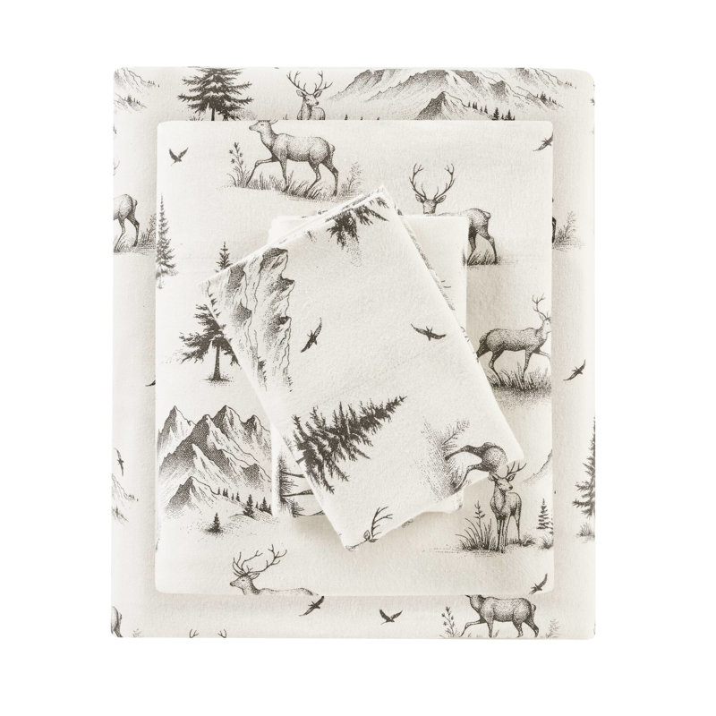 Ensemble de 4 draps en toile de cerf gris, 100% flanelle de coton, simple / double jusqu'à 12 po, grand / très grand / très grand 14 po, contient 1 drap, taies plates et taies d'oreiller, élastique pour l'ajustement, lavable à la machine
