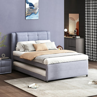 Lit plateforme gris avec lit gigogne mobile - Revêtement en cuir pleine grandeur gris pratique. Bois massif. Aucun sommier tapissier requis. Confortable