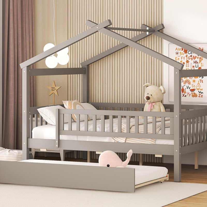 Zhayne Wooden House Bed with Trundle, Full, Gray