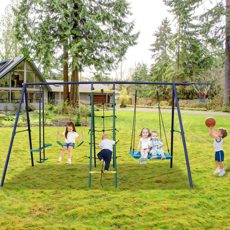 Balançoire multicolore en acier 6 en 1 pour la cour arrière - avec grimpeur, filet, balançoire, balançoire, ceinture de sécurité, cordes réglables et support de cerceau pour jouer en plein air