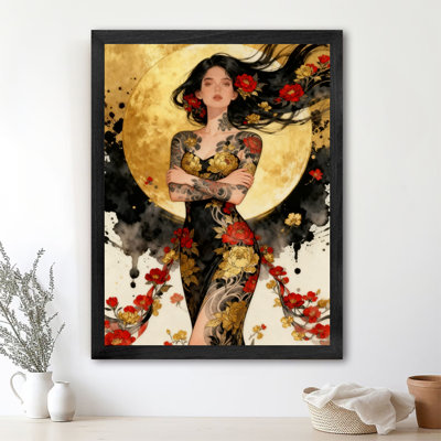 Reproduction d'art encadrée noire rétro japonaise, geisha