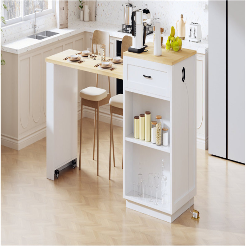 Îlot de cuisine de 82,7 po avec table de salle à manger extensible pour 4 à 6 personnes, table de cuisine bicolore avec rangement double, prise de courant, îlot de cuisine avec rangement 2 tiroirs et 2 tablettes latérales ouvertes