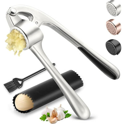 Kitchen Garlic Press Stainless Steel, Premium Rust Proof & Dishwasher Safe Garlic Mincer, Durable Garlic Crusher Set With Peeler&Brush, Easy To Clean And Squeeze, Matte