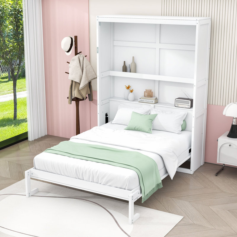 Murphy Bed Cabinet with Built-In Shelves & Hydraulic Lift, White, Full