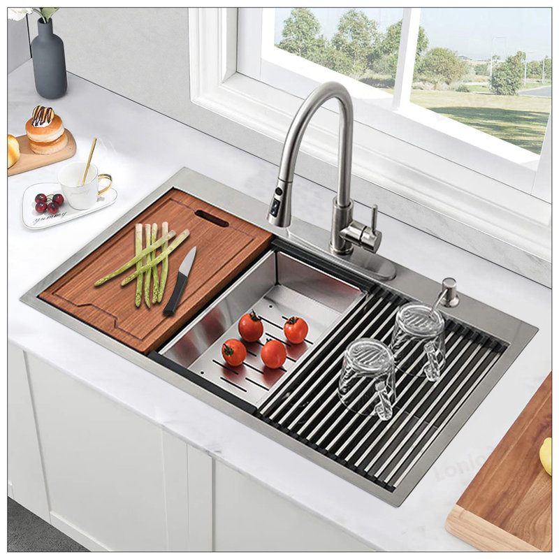 33-Inch Drop-In Kitchen Sink with Integrated Ledge and Accessories, R10 Radius, Stainless Steel, Single Bowl, Space-Saving Design