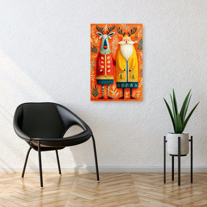 Festive Folk Art Duo Whimsical Abstract Winter Wall Art Print 1 Piece Wrapped Canvas Wall Art, 91.44cm H x 60.96cm W
