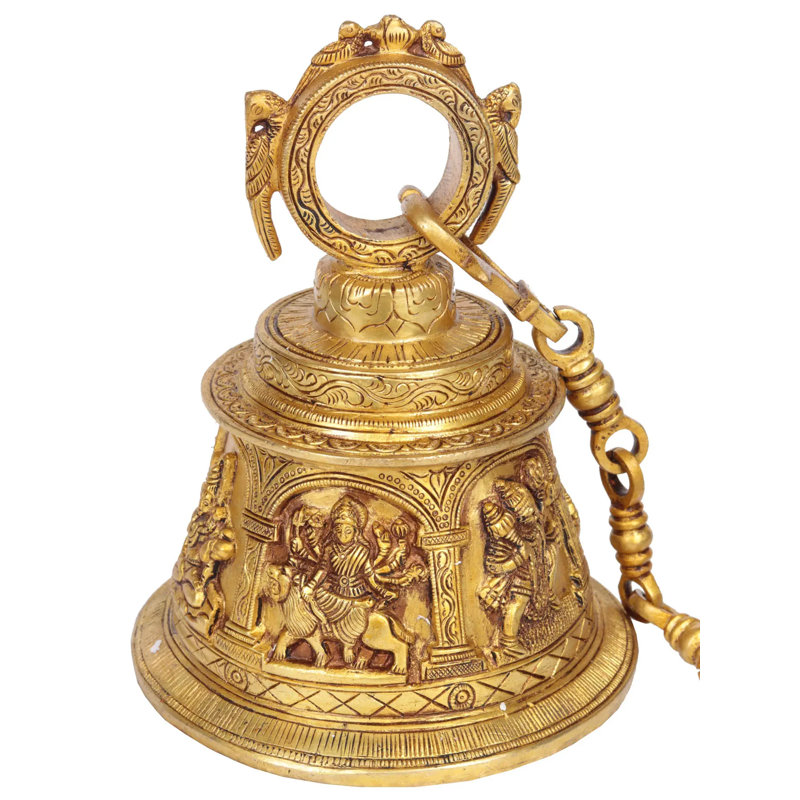 Cloche suspendue de temple en laiton 7 "avec divinités indiennes - cloche spirituelle coulée à la main avec Shiva, Hanuman, Ganesha, Lakshmi, Durga et Radha Krishna, décoration intérieure religieuse