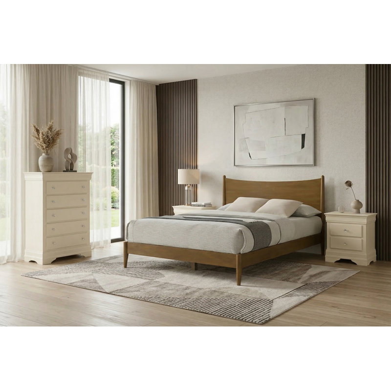 Barvelle Solid Wood 4 Pieces Bedroom Set, 4 Pcs: Bed, Chest, 2 Nightstand, Ivory/Walnut