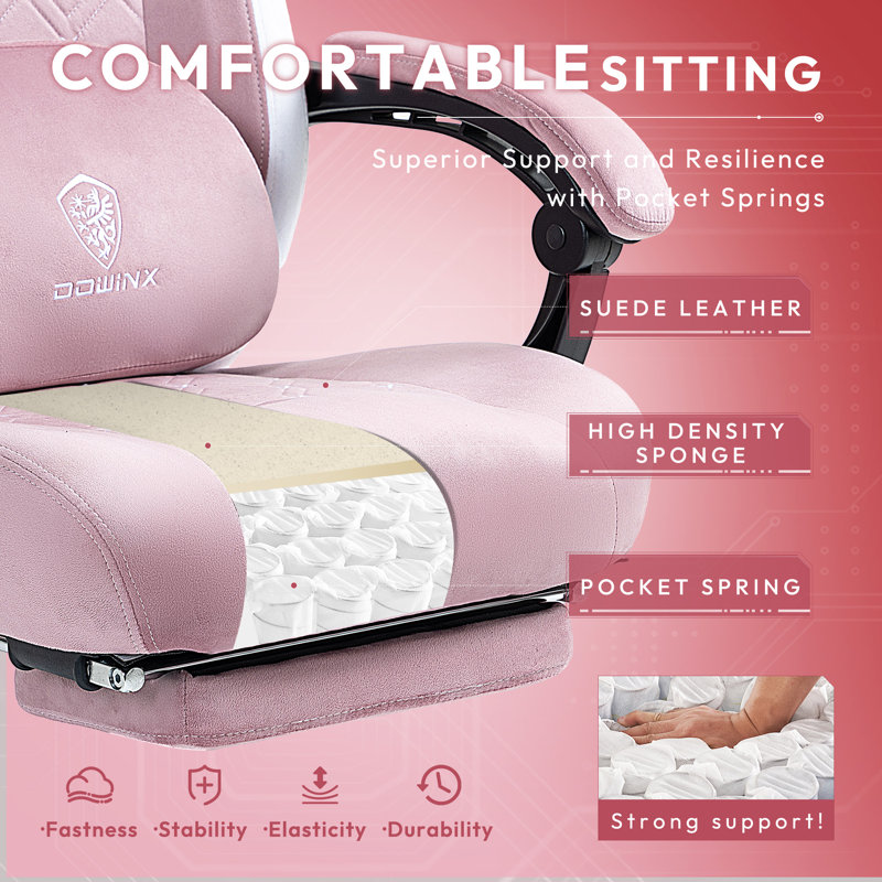 Dowinx Fabric Gaming Chair with Heated Massage, High Back PC Chair with Pocket Spring Cushion, Pink