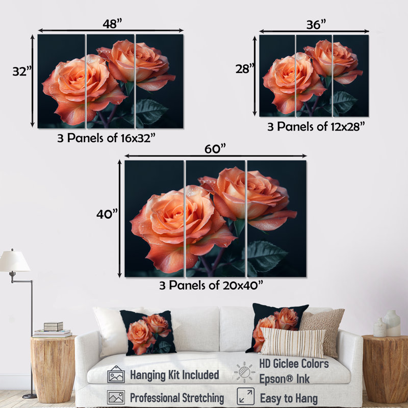 Ensemble de salon Glamour Glow Orange Roses On Black I - Roses, Toile tendue, H 28 po x l 36 po x P 1 po