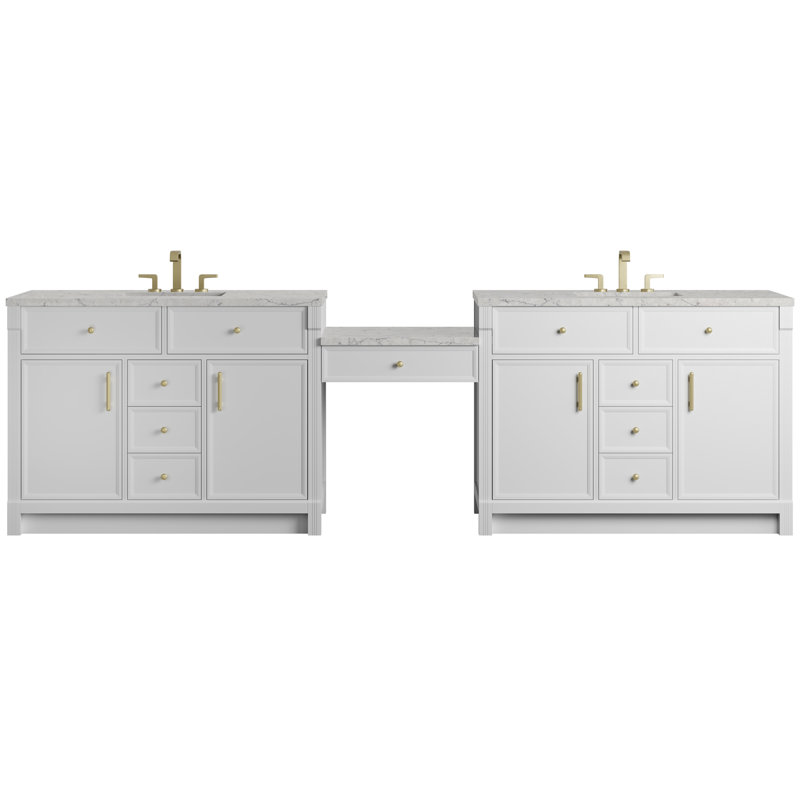 Bellshire 120" W Dual Vanity Set with 24" Make-Up Counter, Bright White, Eternal Jasmine Pearl, 8" Widespread