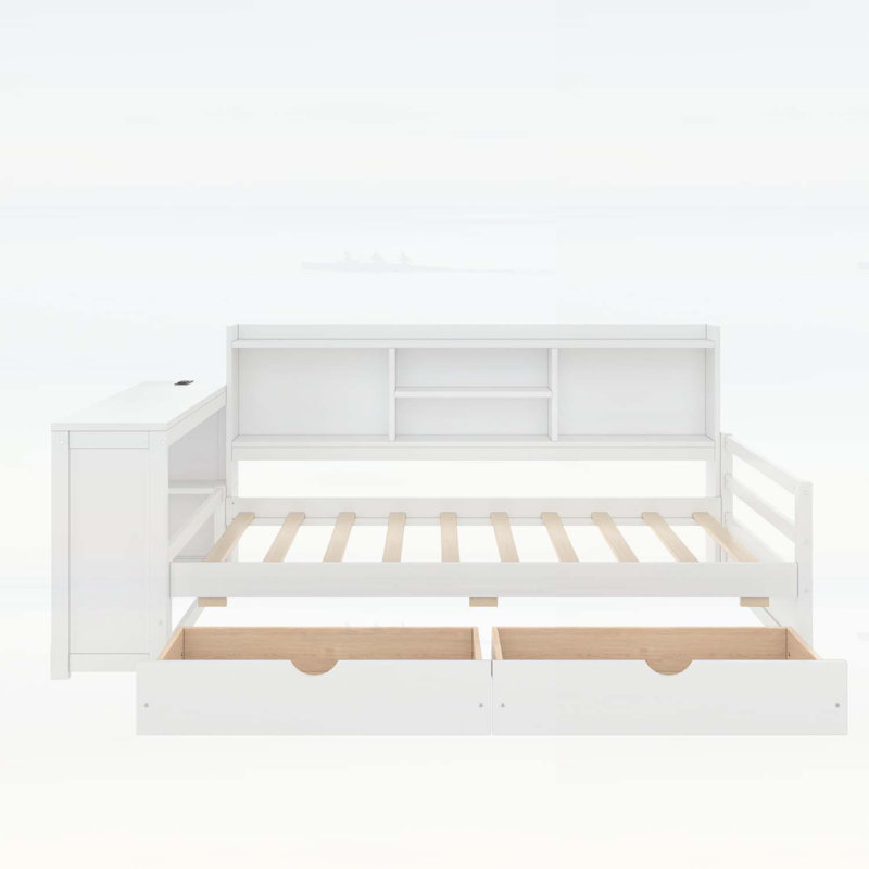 Lit de jour de coin simple avec rangement, bureau, port de charge et bibliothèque pour une vie moderne, Blanc