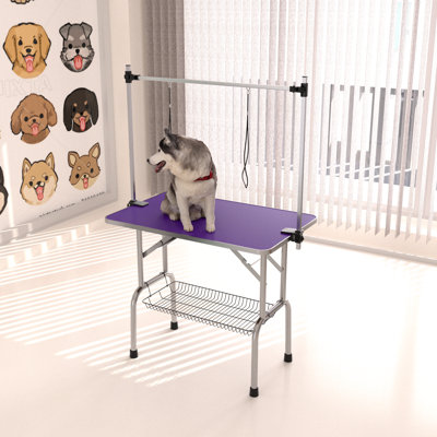 42" Folding Dog Pet Grooming Table Stainless Steel Frame Rubber Mat On Board With Adjustable Arm And Clamps Pet Dog Cat Grooming Table (PURPLE COLOR)