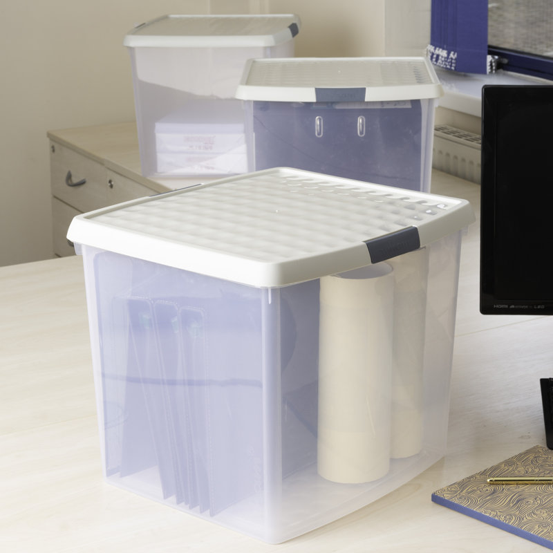 Wham Clip 37L Square Plastic Storage Boxes with Secure Clip Lock Lids. L:39.5 x W:39.5 x H:33.5cm Clear/Stone/Slate Grey