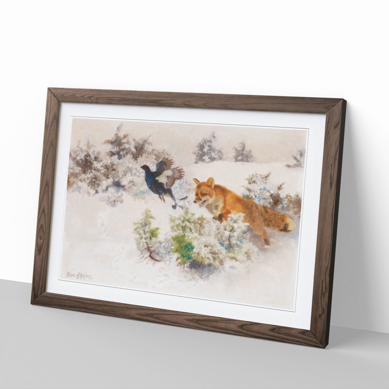 Fox Chasing Bird by Bruno Liljefors - Picture Frame Painting, Walnut Framed, 36cm H x 48cm W x 2cm D