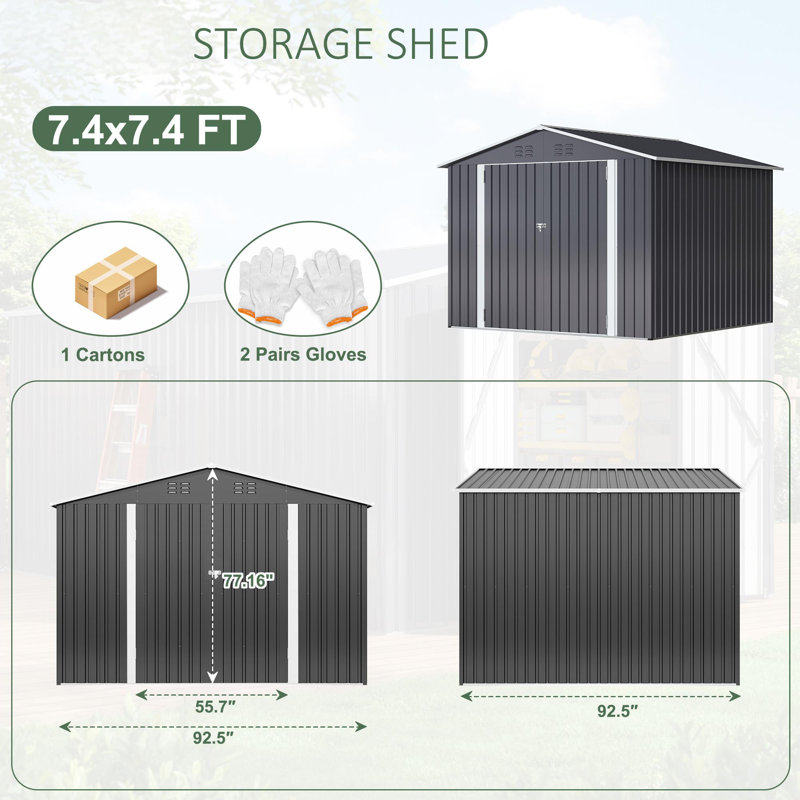 Outdoor Metal Storage Shed with Updated Frame Structure and Lockable Doors, 76.3" H x 98.4" W x 98.4" D
