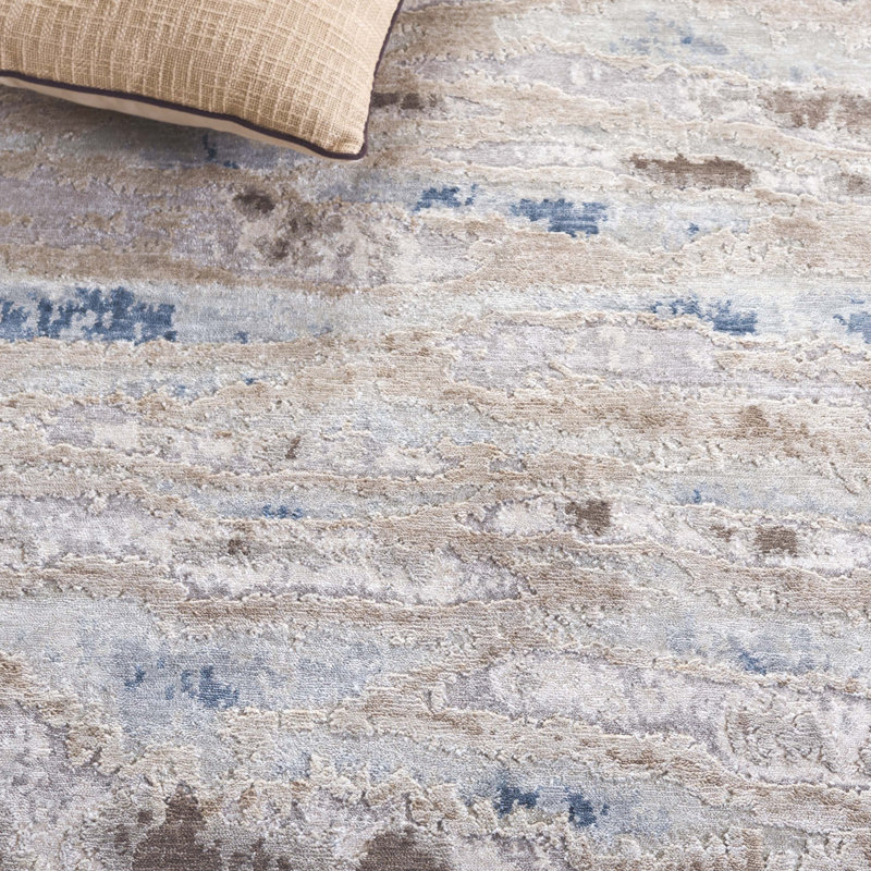 Abstract Hand Knotted Blue/Beige Area Rug, Rectangle 6' x 9'