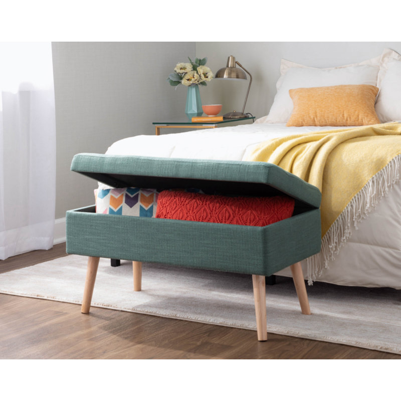 Banc de rangement en tissu Mahn, Vert / bois naturel