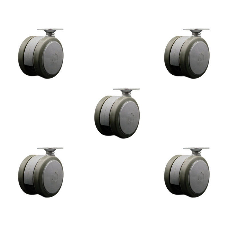 2-3/8 Inch Black Floor Safe Twin Wheel Casters Top Plate Set of 5 Service Caster, Grey
