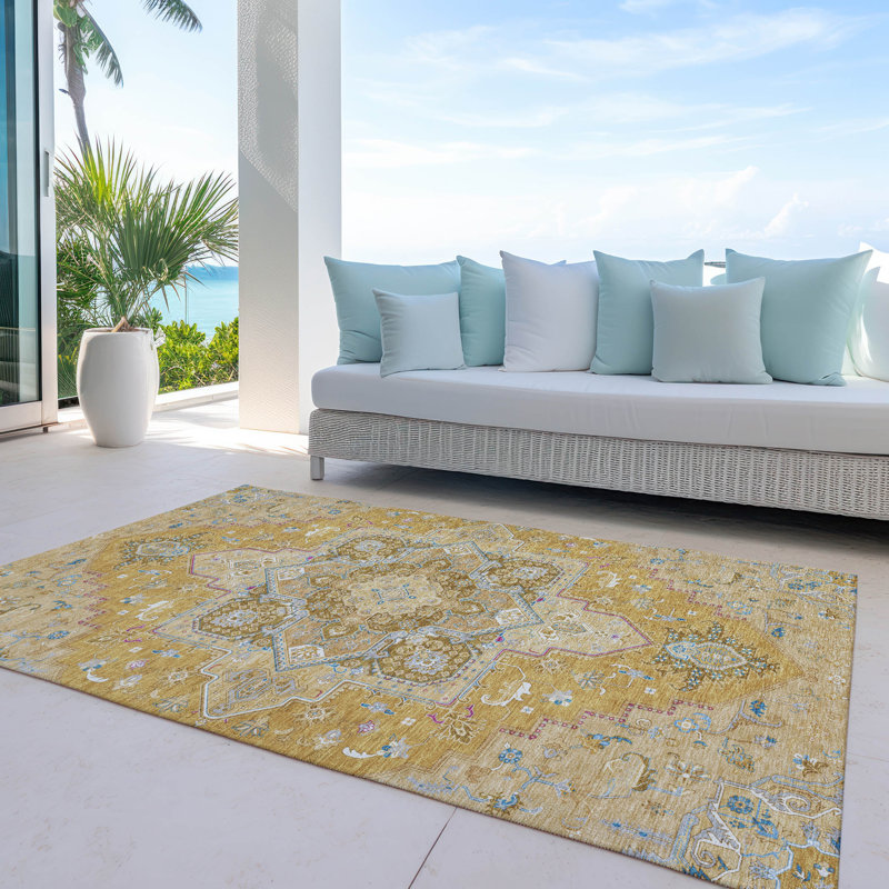 Gold Flat Woven Synthetic Rectangular Washable Rug 46" x 30"