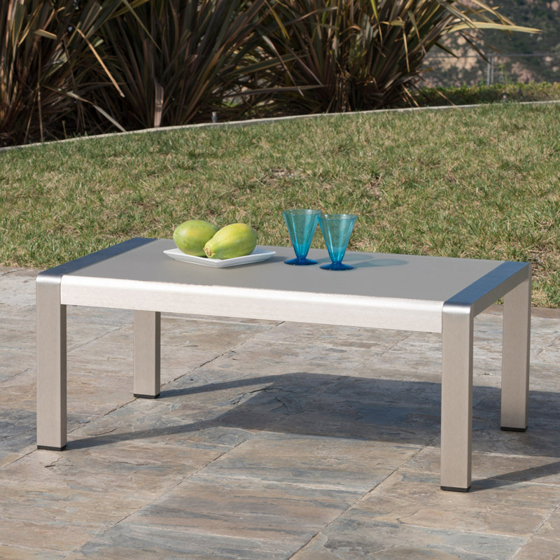 Table basse d'extérieur avec plateau en verre trempé, Argent argent