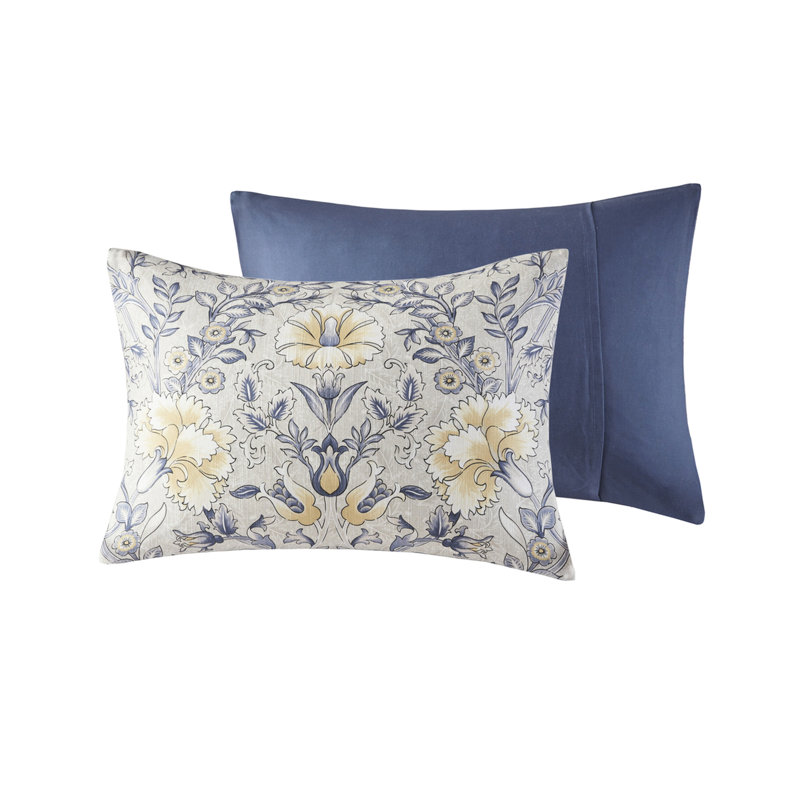 Édredon 6 pièces en coton pour lit très grand - imprimé botanique bleu et jaune 100% pelucheux requis