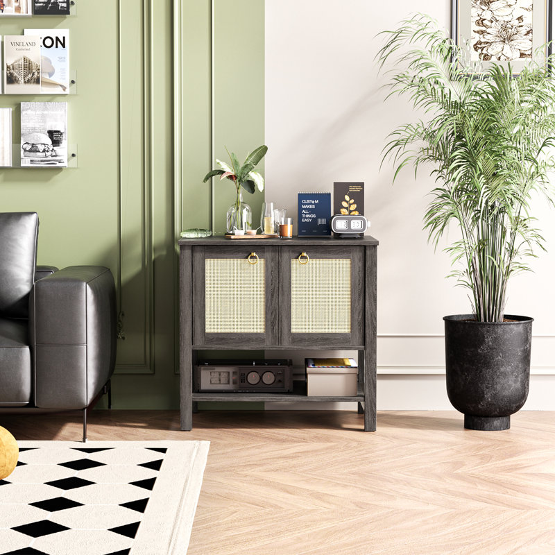 Rattan 2-Door End Table, Grey