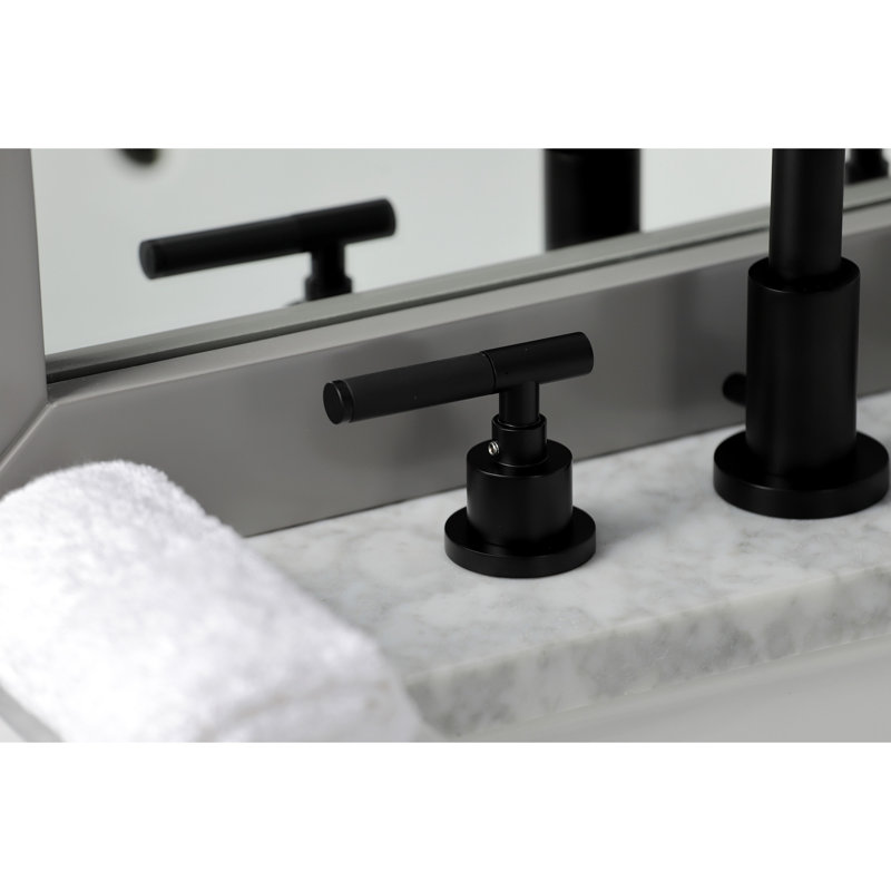 Kingston Brass Kaiser Two-Handle 3-Hole Deck Mount Widespread Bathroom Faucet with Brass Pop-Up Drain, Matte Black